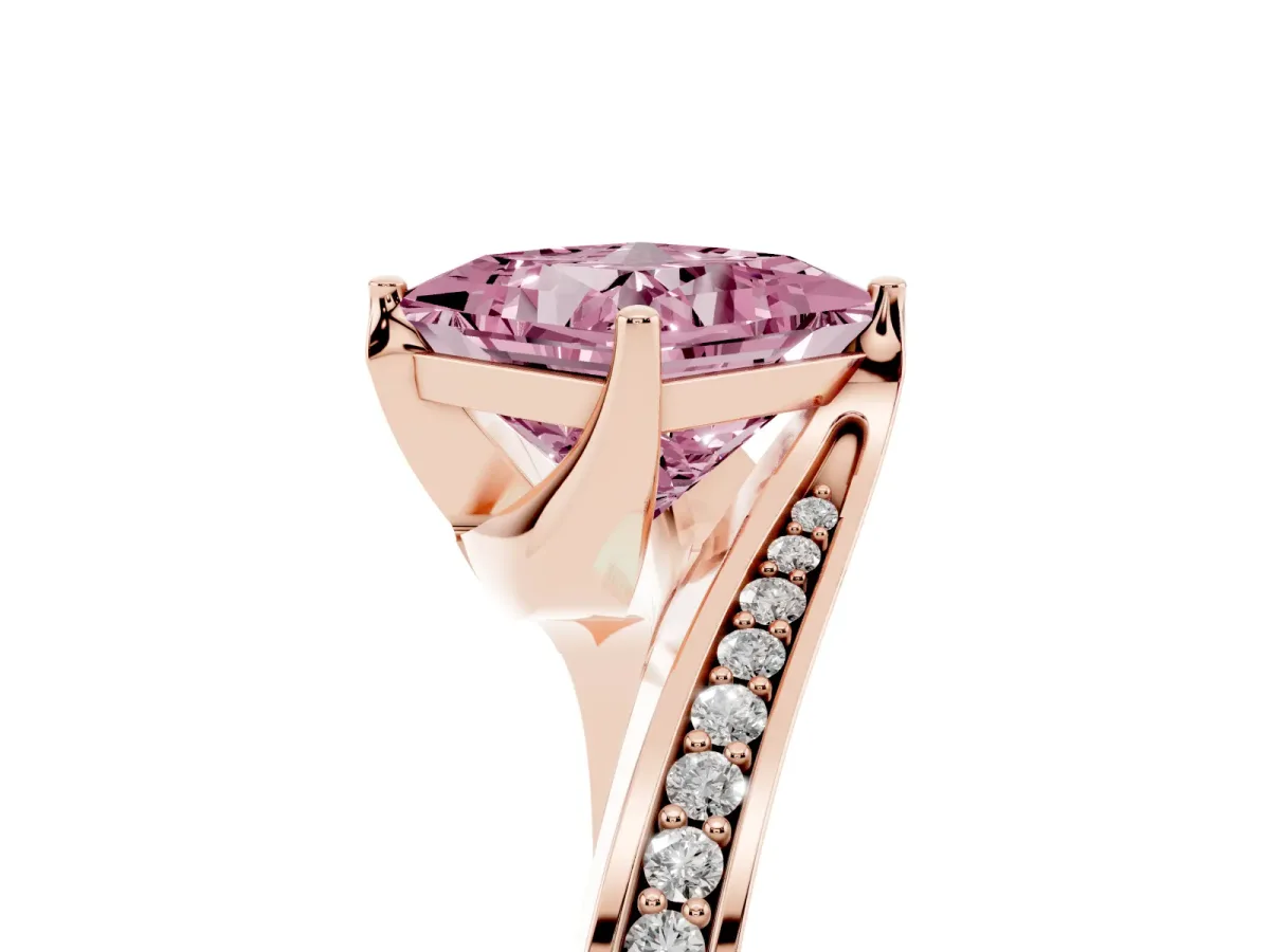 Fancy Pink Princess Cut Solitaire Diamond Twist Band with Pavé Setting and Four-Prong Setting Rose gold