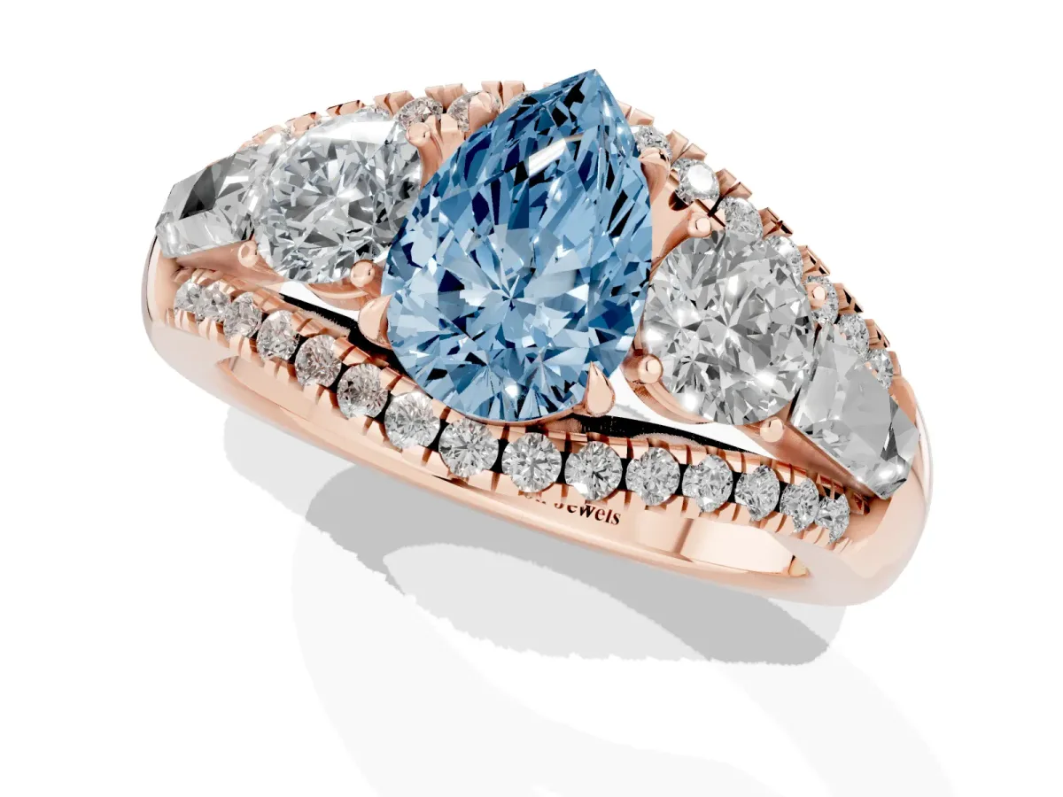 Fancy Blue Three-Stone Pear Cut Diamond Engagement Ring with Pave Band and Prong Setting Rose gold