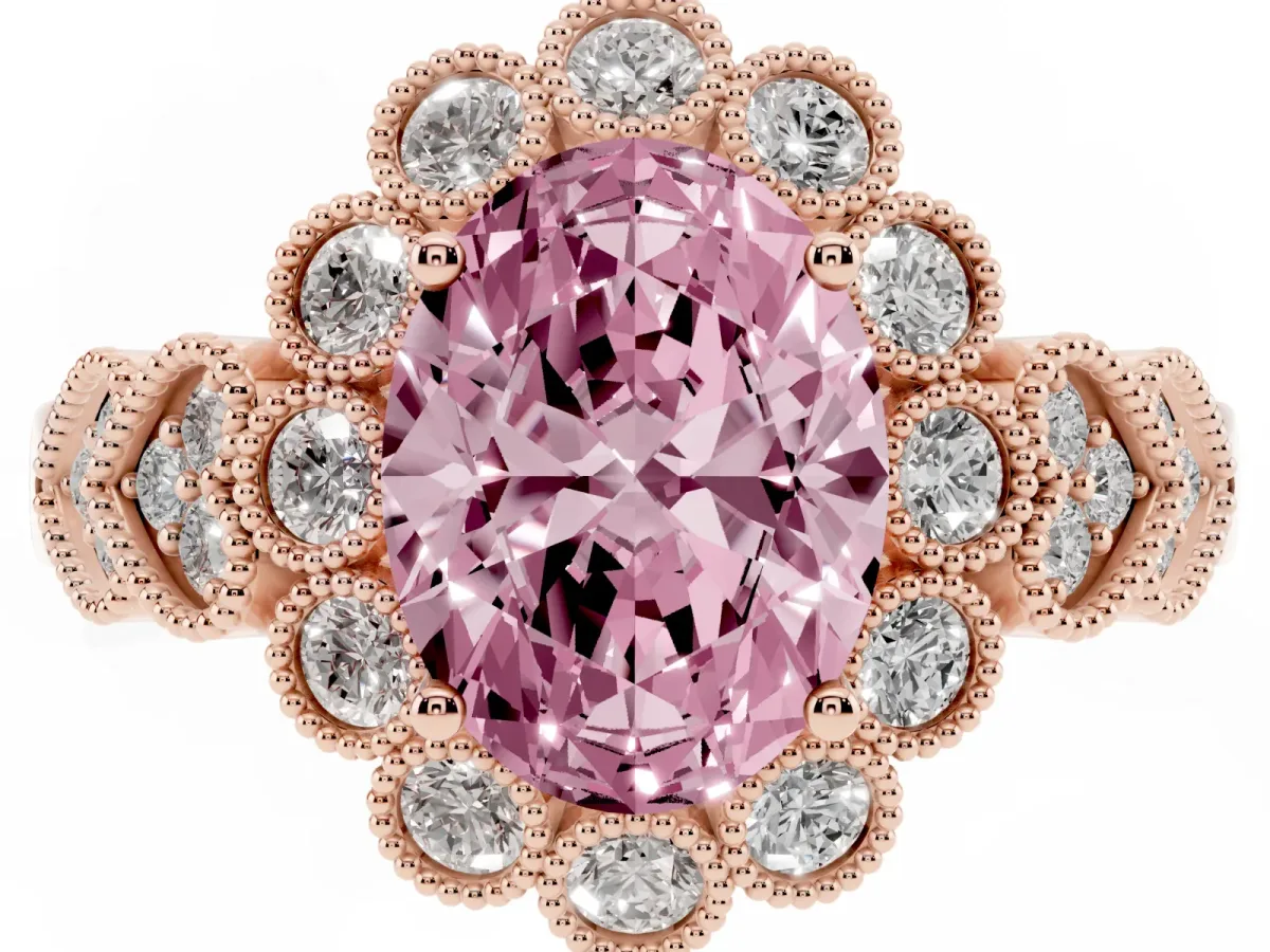 Fancy Pink Oval Cut Brilliant Milgrain Pave Heart Band Solitaire Ring Rose gold