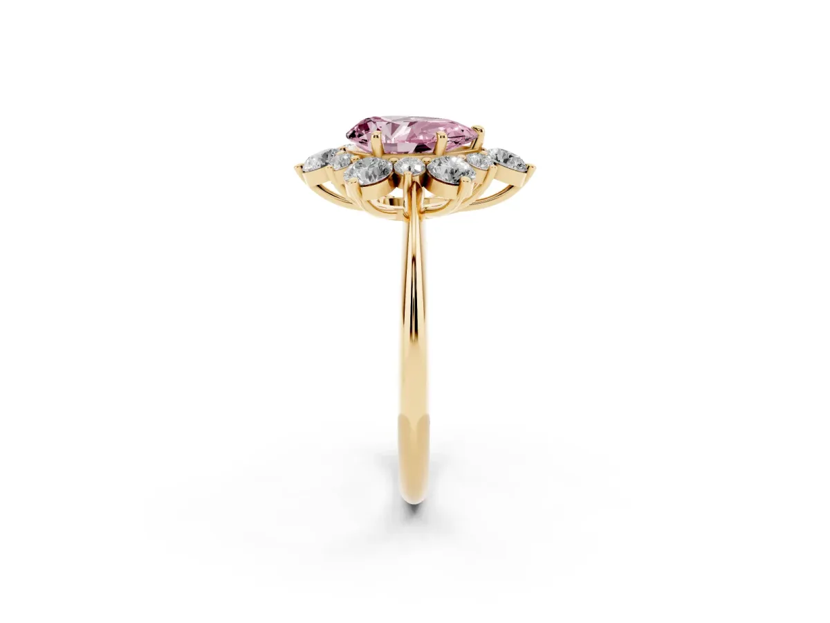 Fancy Pink Pear Cut Diamond Cluster Halo Ring with Solitaire Band and Four-Prong Setting Yellow gold