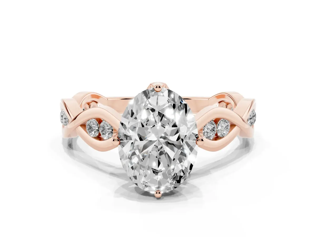 Oval Cut Solitaire Twist Band with Leaf Prong Setting Rose gold