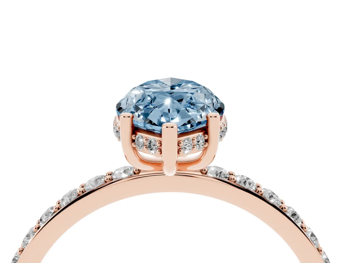 Fancy Blue Marquise Cut Diamond Solitaire Ring with Pavé Band and Hidden Halo Rose gold