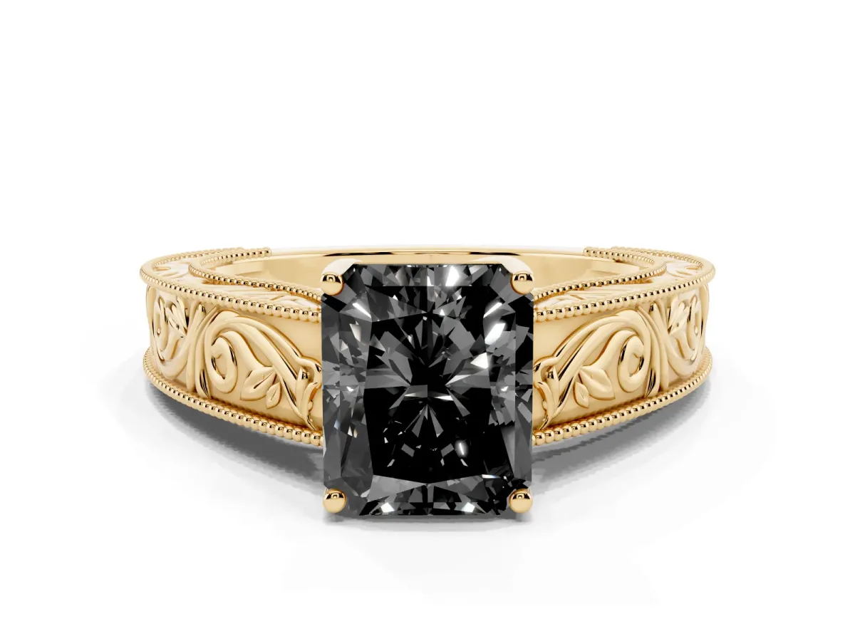 Fancy Black Radiant Cut Diamond Solitaire Ring with Engraved Band and Four-Prong Setting Yellow gold