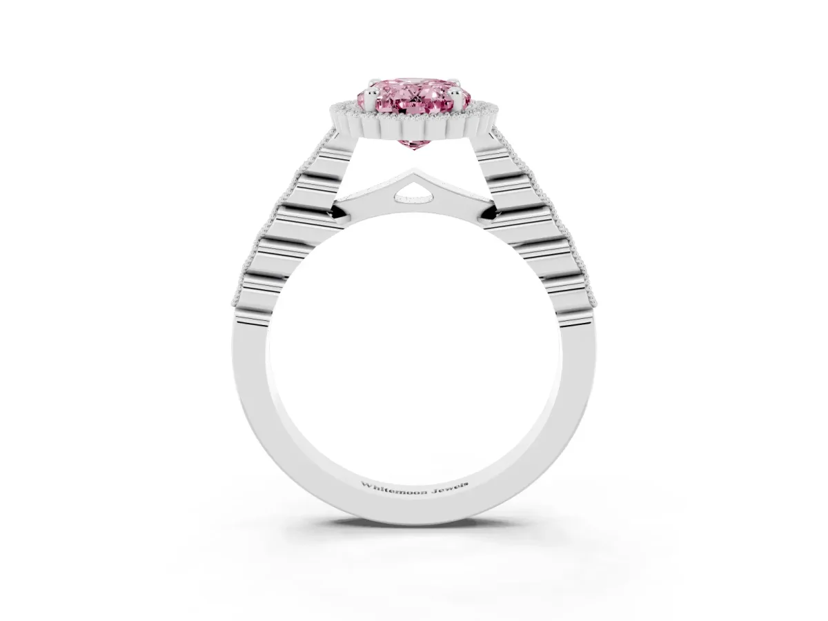 Fancy Pink Oval Cut Cut Halo Pavé Solitaire Ring with Milgrain Band White gold