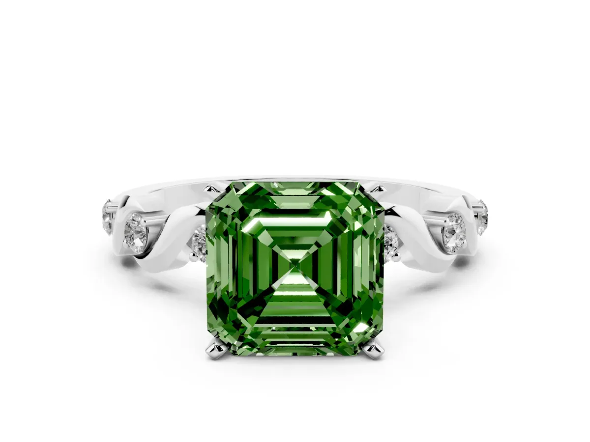Fancy Green Asscher Cut Diamond Solitaire Twisted Band with Round Accents and Prong Setting Platinum