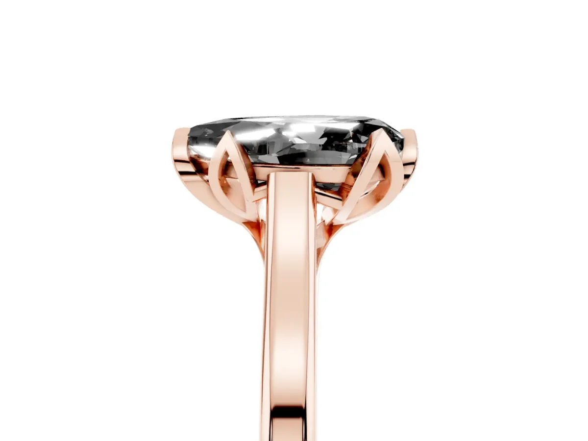 Fancy Black Pear Cut Diamond Solitaire Ring with Flower Prong Setting and Classic Band Rose gold