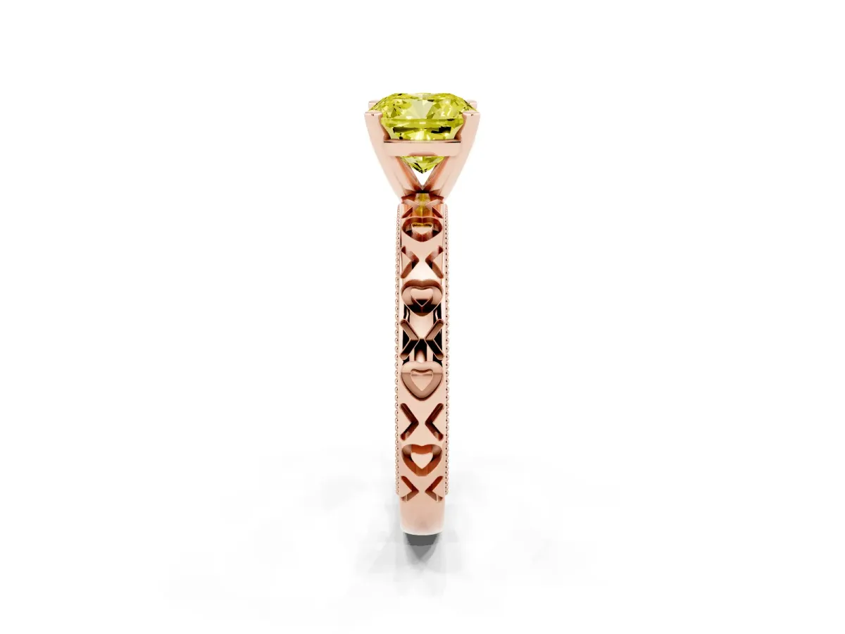 Fancy Yellow Cushion Cut Solitaire Diamond Engagement Ring with XO Engraved Band and Four-Prong Setting Rose gold