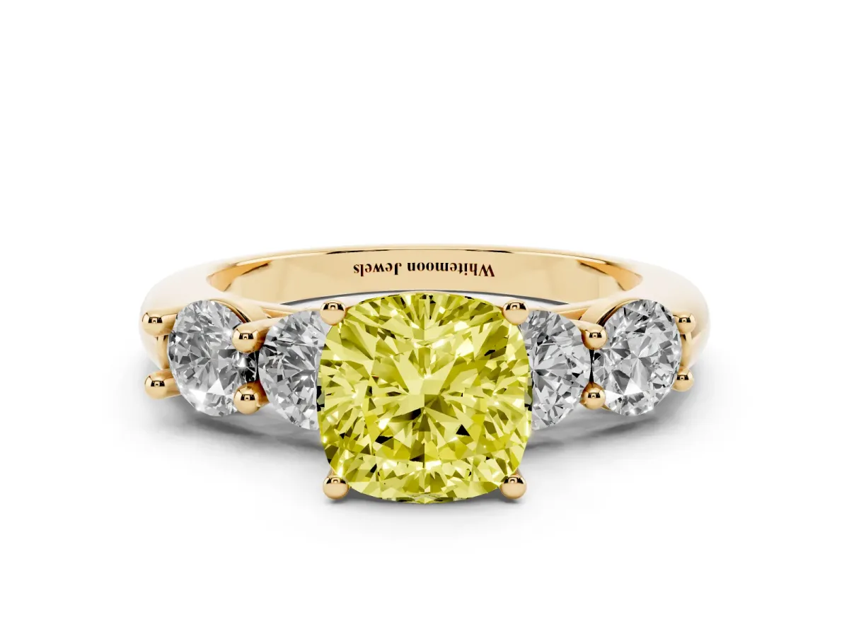 Fancy Yellow Cushion Cut Cut Five-Stone Prong Set Diamond Ring with Classic Band Yellow gold