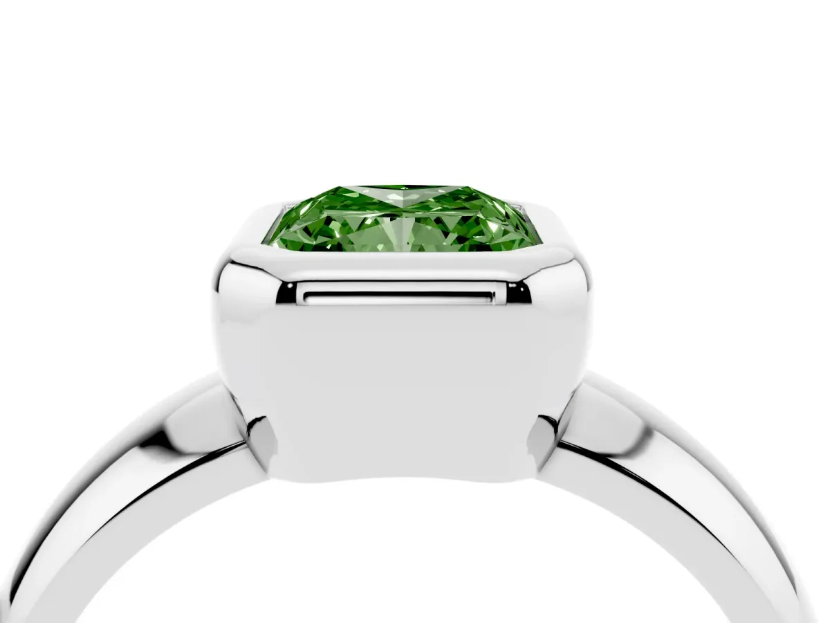 Fancy Green Bezel Set Radiant Cut Solitaire Ring with Wide Band Silver