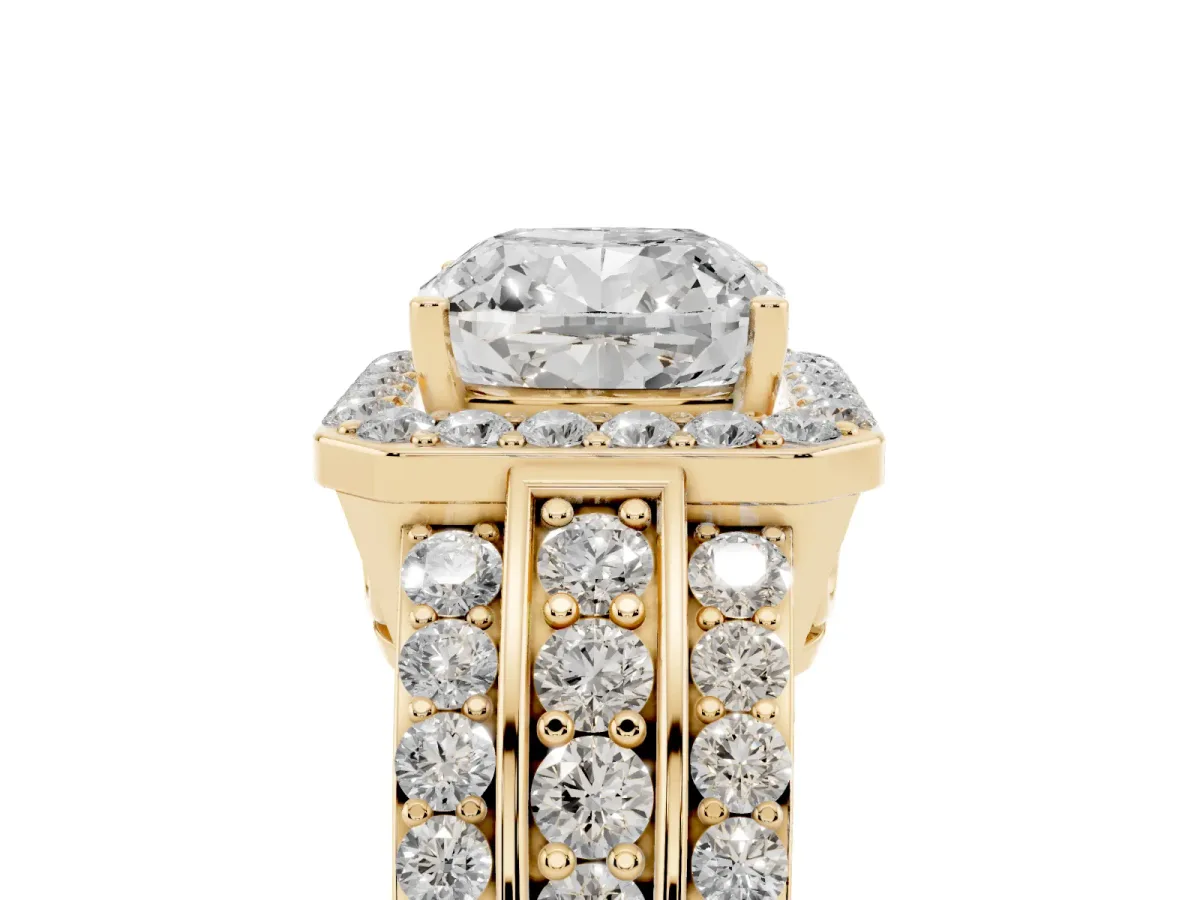 0.5 Carat Cushion Cut Halo Ring with Round Split Shank and Prong Setting Yellow gold