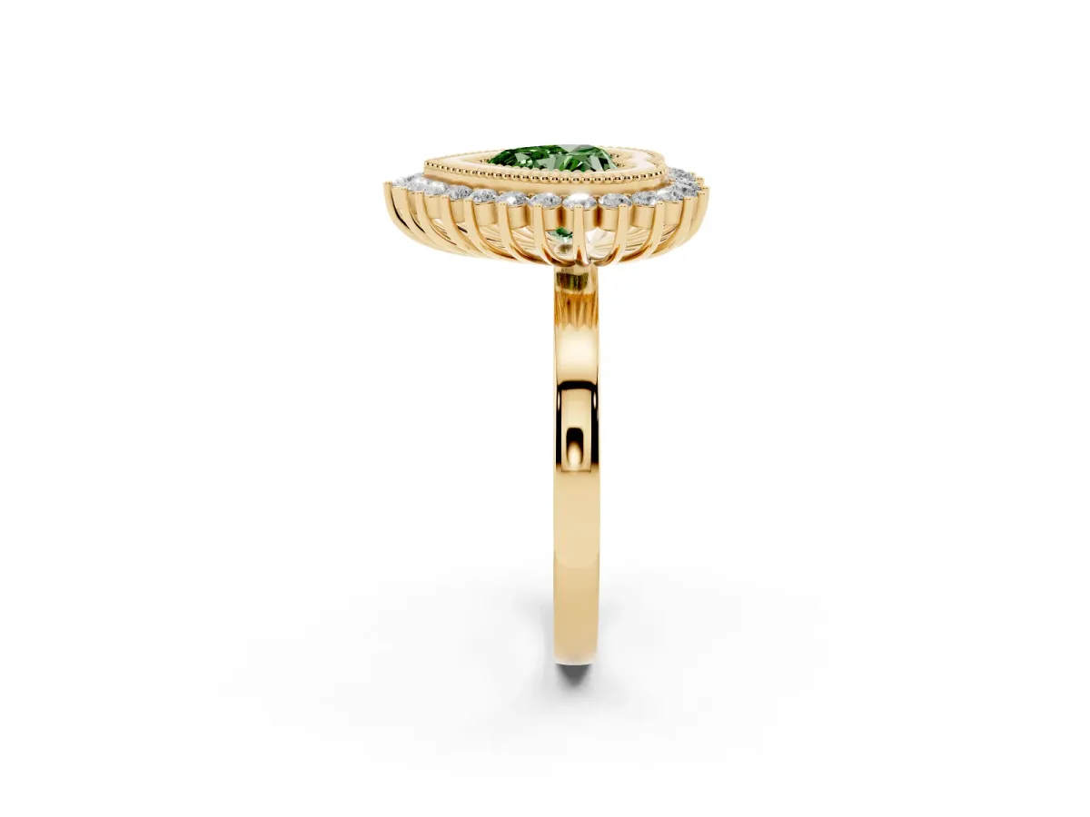 Fancy Green Heart Cut Halo Diamond Ring with Milgrain Edge and Round Prong Setting Yellow gold