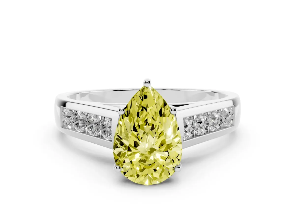 Fancy Yellow Pear Cut Brilliant Channel-Set Solitaire Ring with Four-Prong Setting Silver