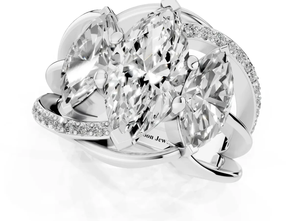 Three-Stone Marquise Cut Cut Diamond Split Shank Prong Set Ring Platinum