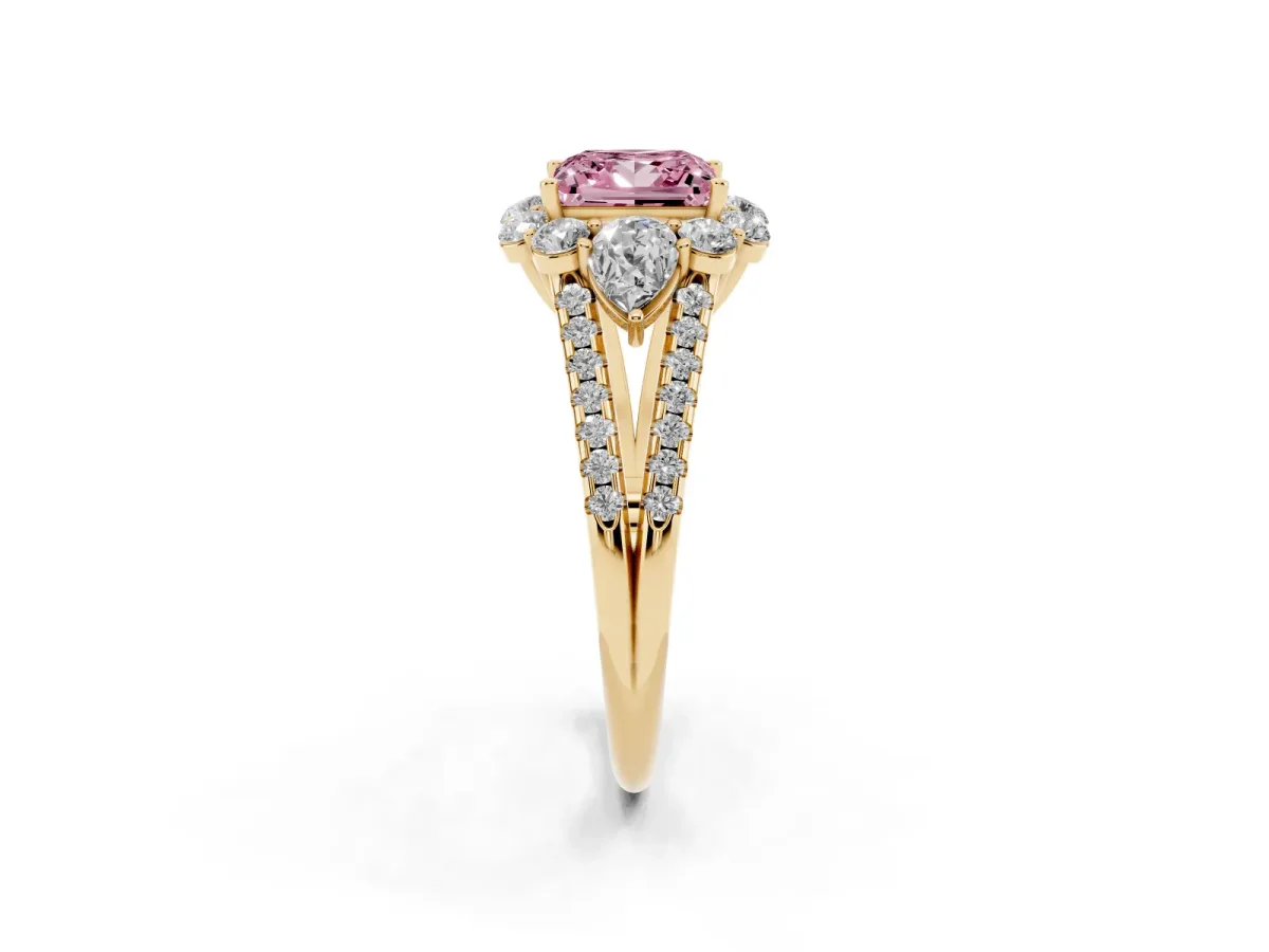 Fancy Pink Princess Cut Halo Split Shank Diamond Engagement Ring with Prong Setting Yellow gold