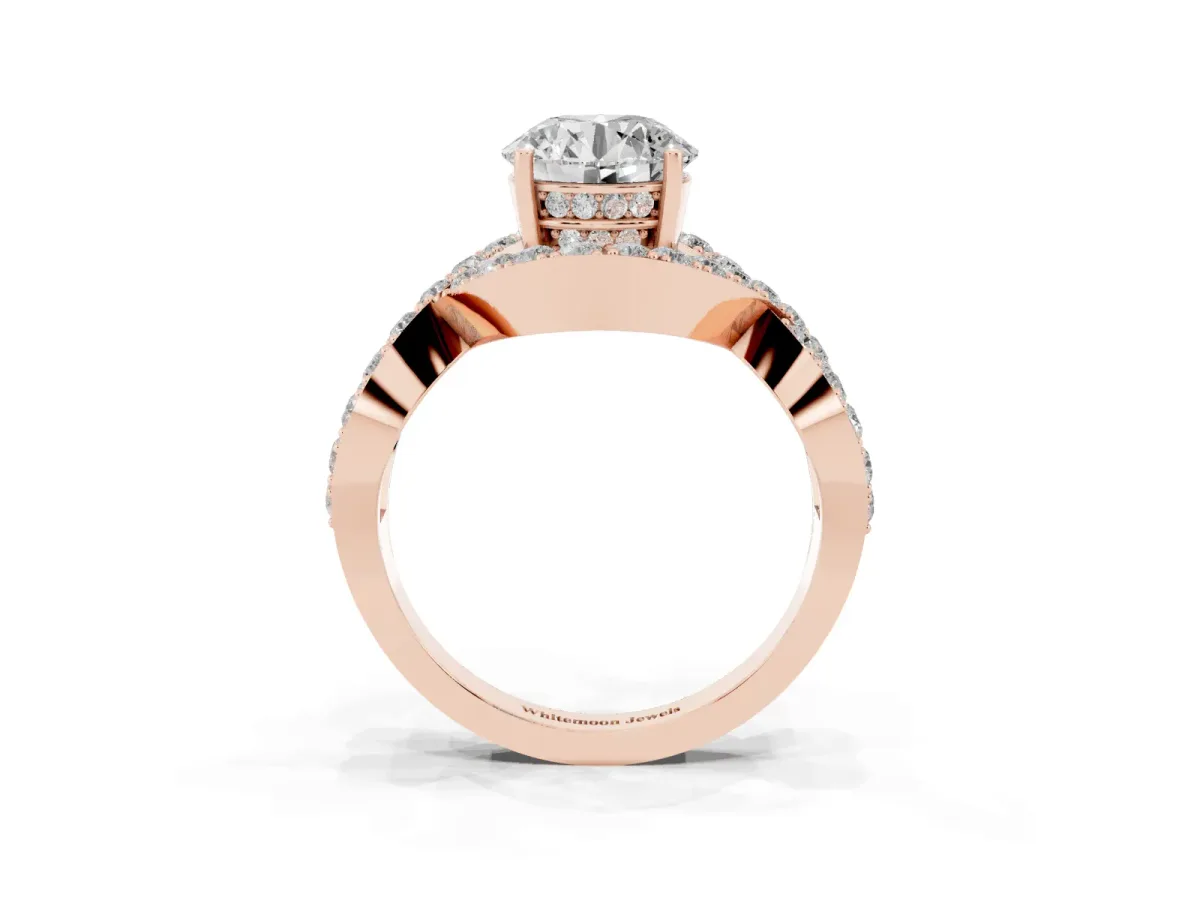 Round Cut Solitaire Twist Band Pavé Diamond Engagement Ring Rose gold