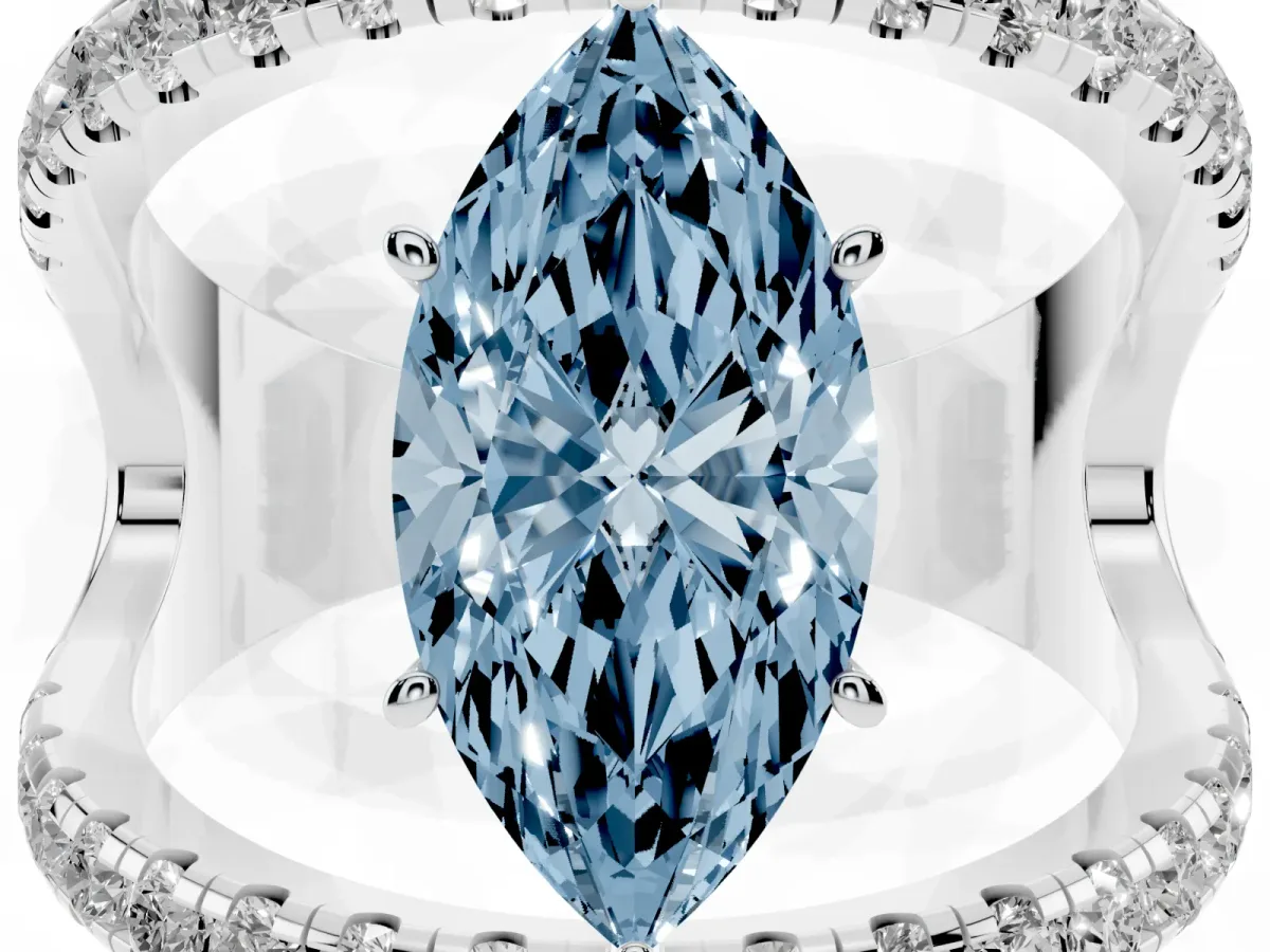 Fancy Blue Marquise Cut Solitaire Split Shank Pave Diamond Ring Silver