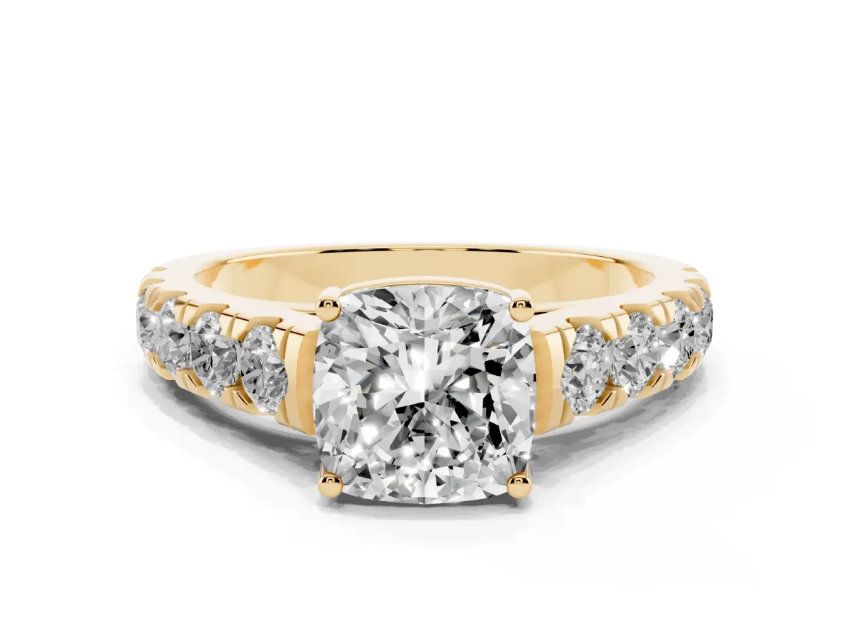Cushion Cut Cut Diamond Solitaire Ring with Micro Pave Band and Prong Setting Yellow gold
