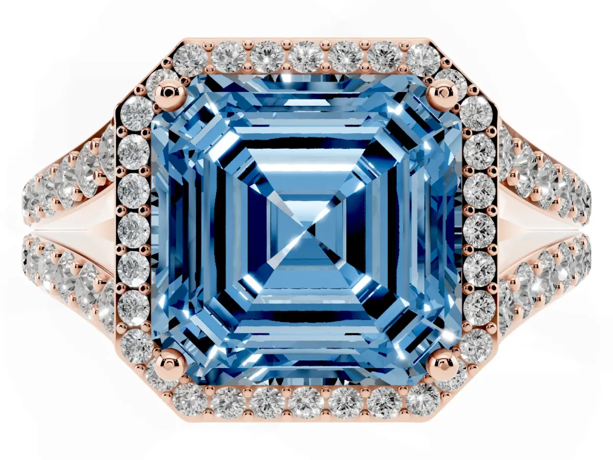 Fancy Blue Asscher Cut Diamond Split Shank Halo Ring with Four-Prong Setting Rose gold