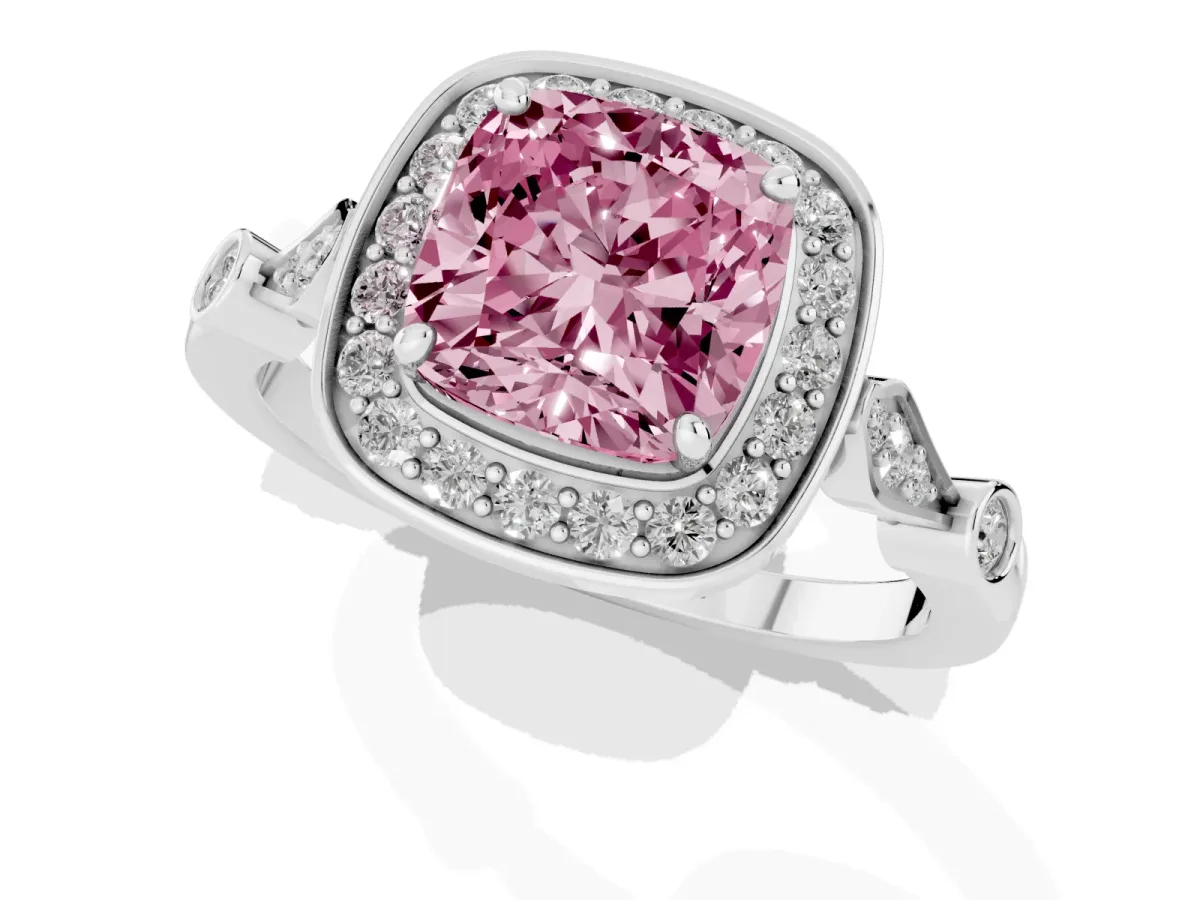 Fancy Pink Cushion Cut Halo Diamond Engagement Ring with Twisted Band and Four-Prong Setting Platinum