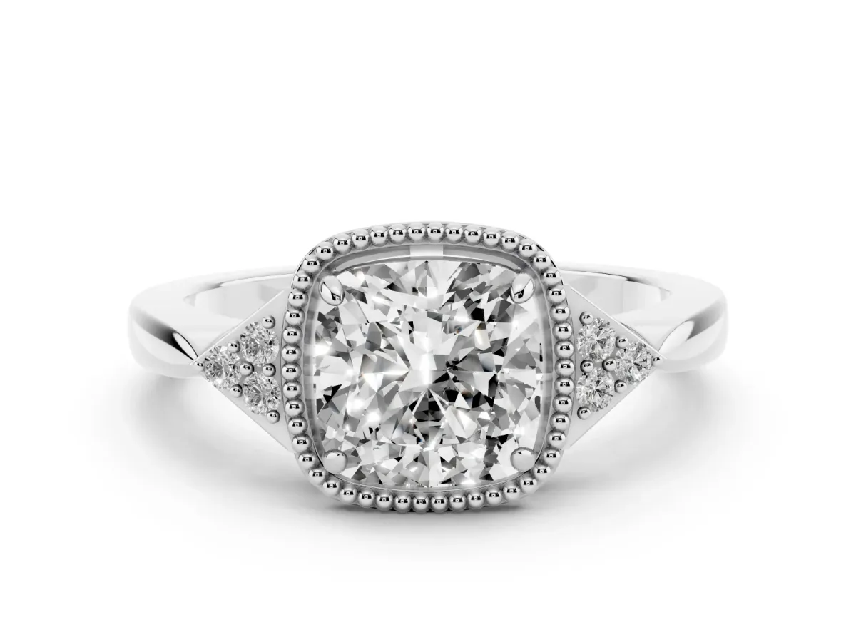 Hexagonal Halo Cushion Cut Diamond Solitaire with Pavé Band and Four-Prong Setting Silver