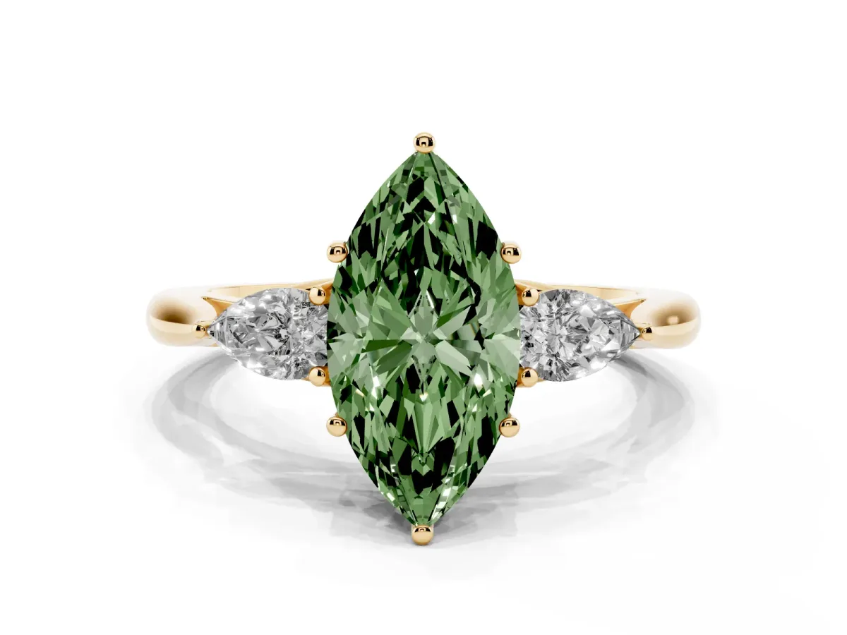 Fancy Green Three-Stone Marquise Cut Brilliant Diamond Solitaire Ring with Tapered Band and Four-Prong Setting Yellow gold