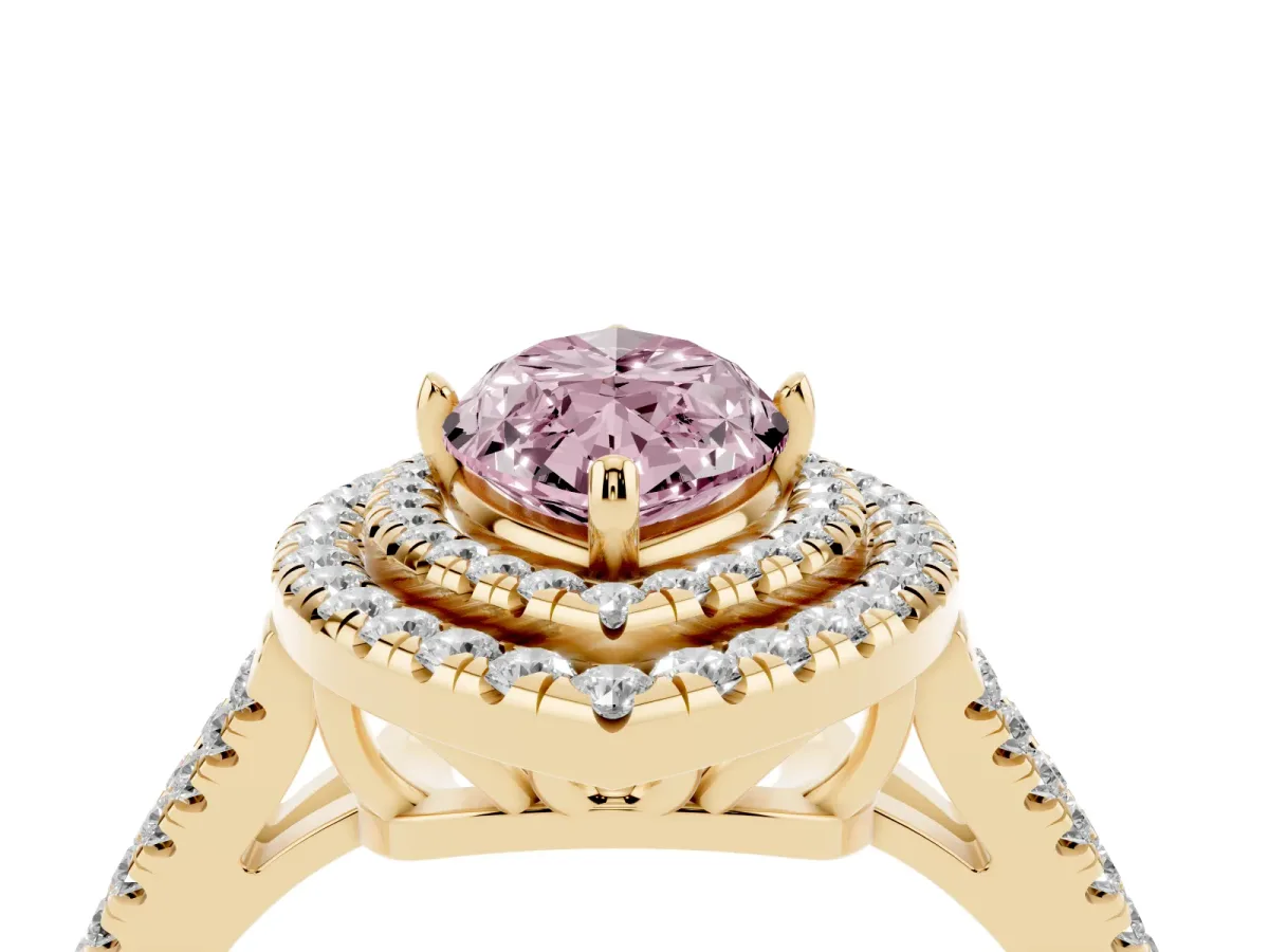 Fancy Pink Marquise Cut Diamond Double Halo Ring with Pavé Band and Prong Setting Yellow gold