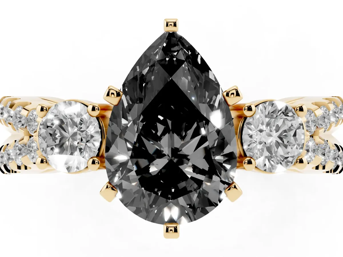Fancy Black Pear Cut Diamond Three-Stone Ring with Pavé Split Shank and Four-Prong Setting Yellow gold