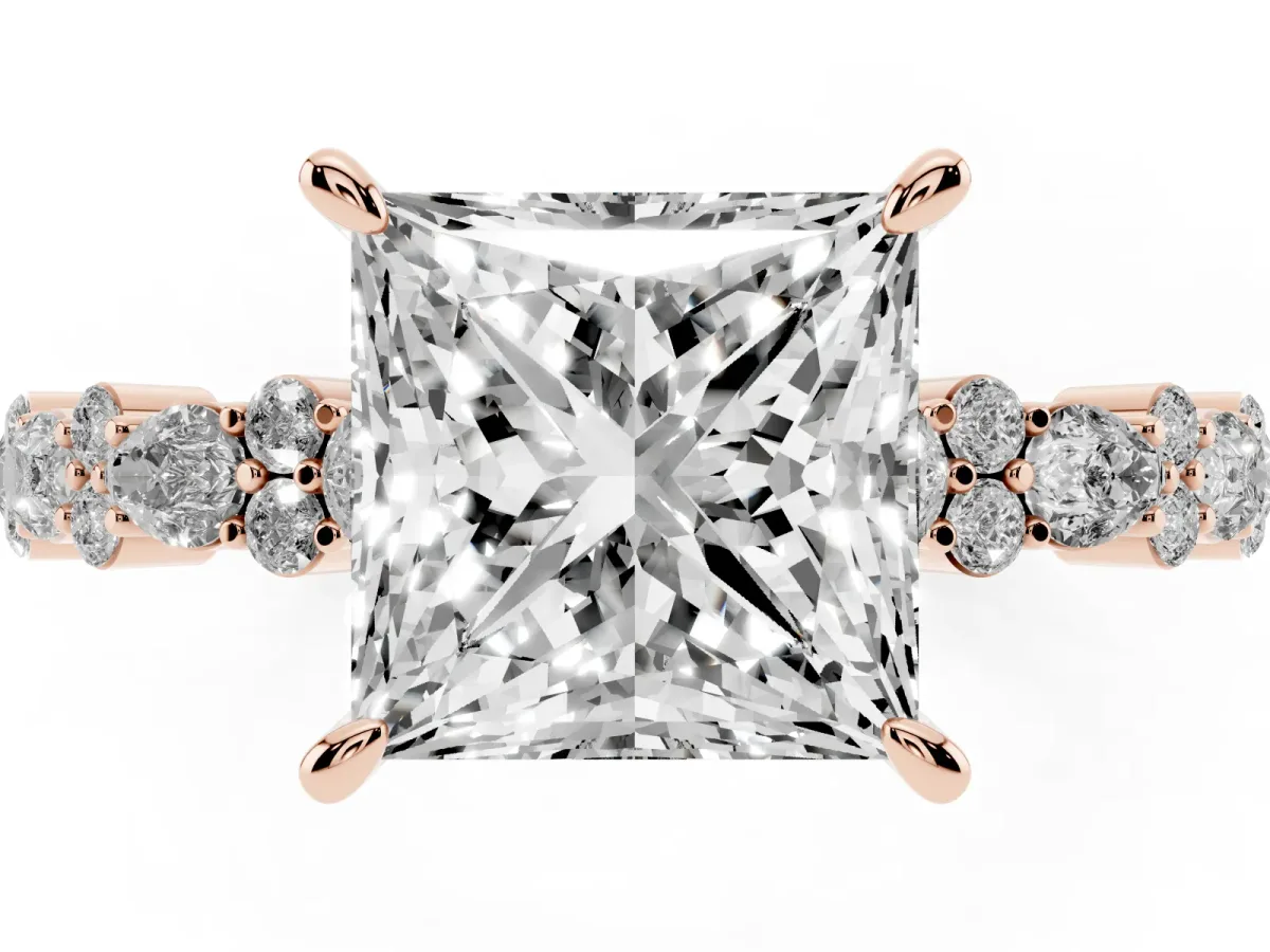 Princess Cut Diamond Side Stone Solitaire Ring with Round and Four-Prong Setting Rose gold