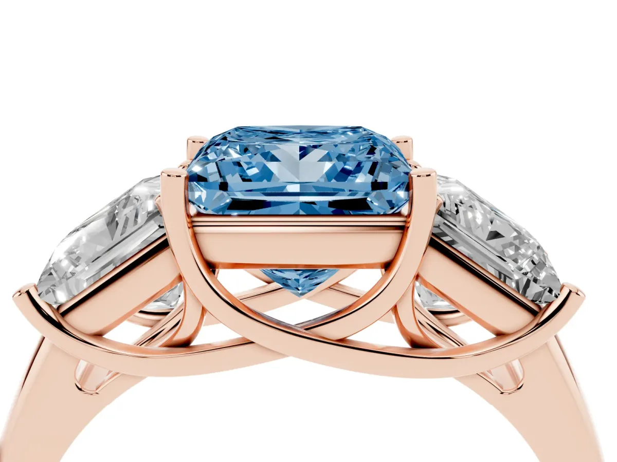 Fancy Blue Three-Stone Princess Cut Diamond Engagement Ring with Prong Setting Rose gold