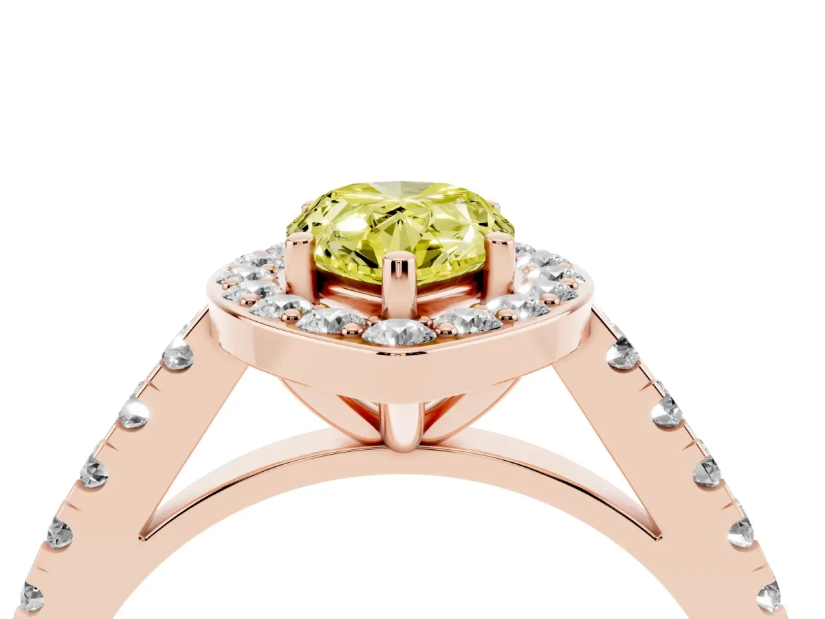 Fancy Yellow Pear Cut Diamond Halo Ring with Round Pavé Split Shank and Prong Setting Rose gold