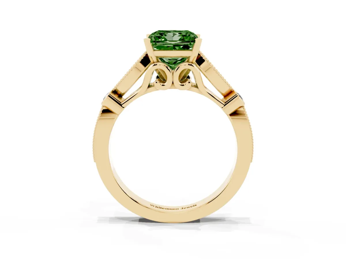 Fancy Green Princess Cut Cut Diamond with Milgrain Marquise and Bezel Accents on a Solitaire Band with Prong Setting Yellow gold