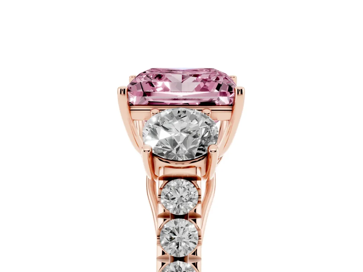 Fancy Pink Princess Cut Cut Diamond Three-Stone Ring with Round Side Stones and Pavé Band Rose gold