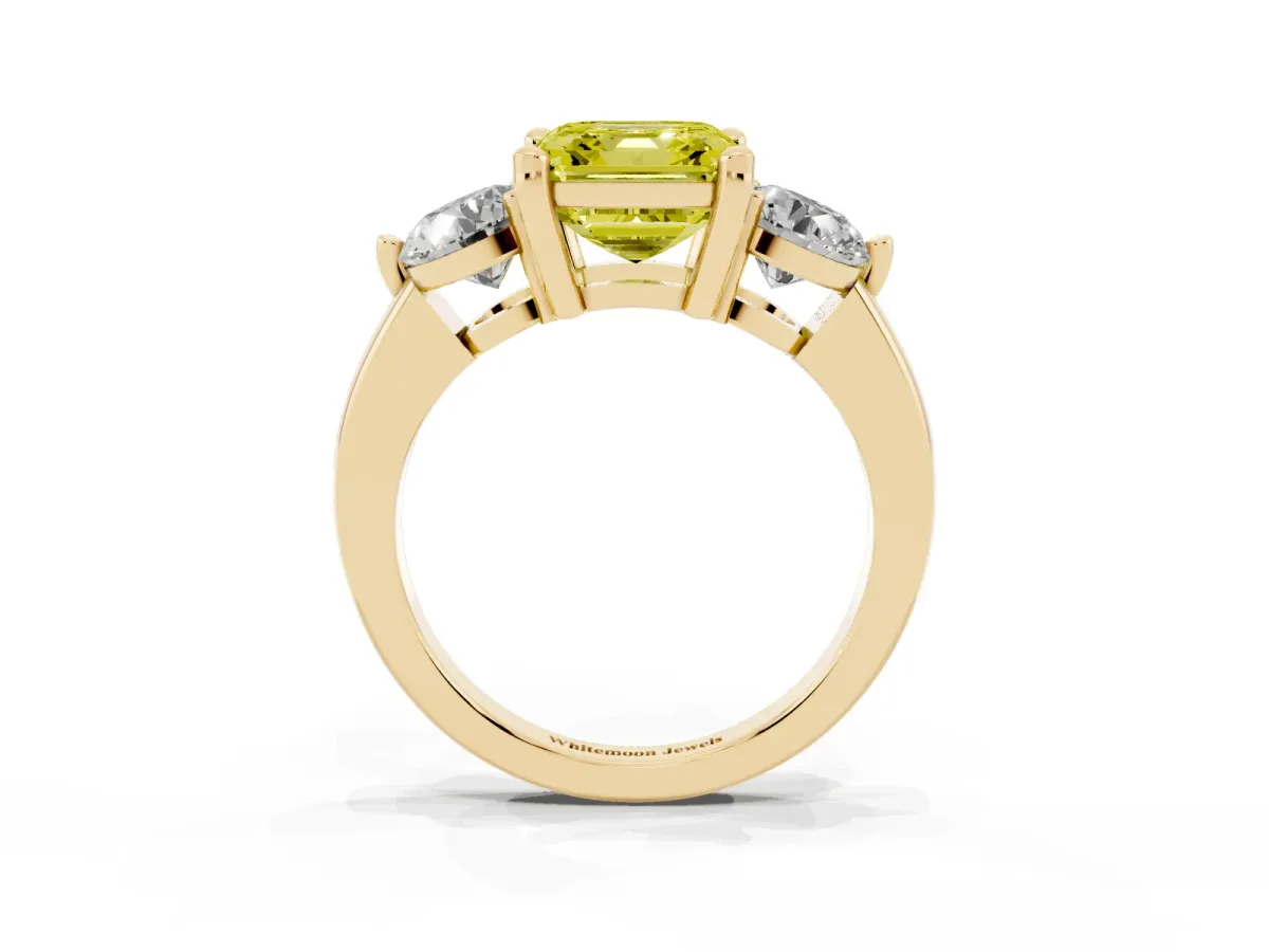 Fancy Yellow Three-Stone Asscher Cut Brilliant Cut Solitaire Ring with Prong Setting on a Classic Band Yellow gold