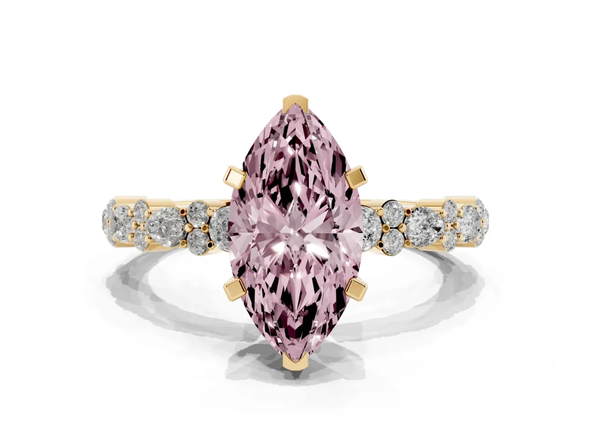 Fancy Pink Marquise Cut Diamond Side Stone Solitaire Ring with Round and Four-Prong Setting Yellow gold