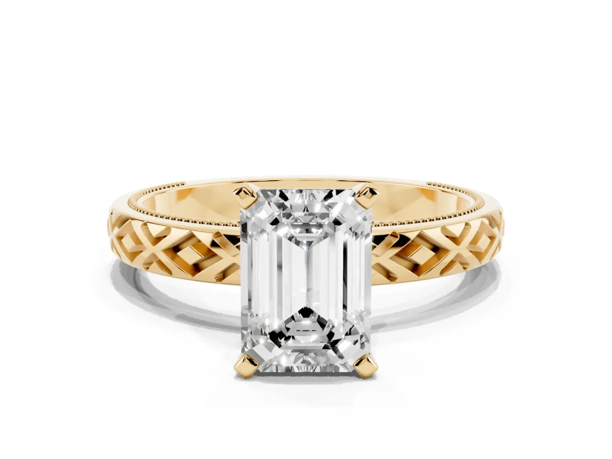 Emerald Cut Solitaire Diamond Ring with Milgrain and Black Enamel X Pattern Band Yellow gold