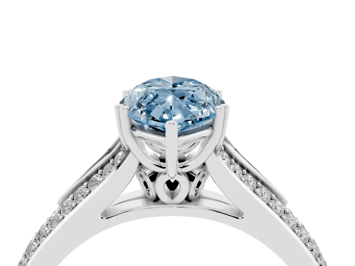 Fancy Blue Marquise Cut Diamond Split Shank Engagement Ring with Pavé Band Silver
