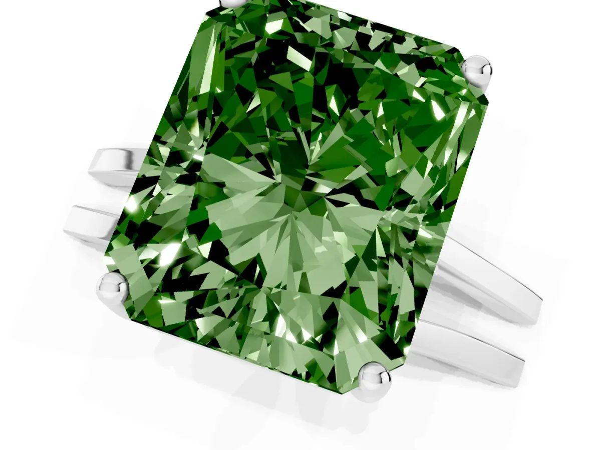 Fancy Green Radiant Cut Cut Diamond Solitaire Engagement Ring with Tapered Plain Band and Four-Prong Setting Silver