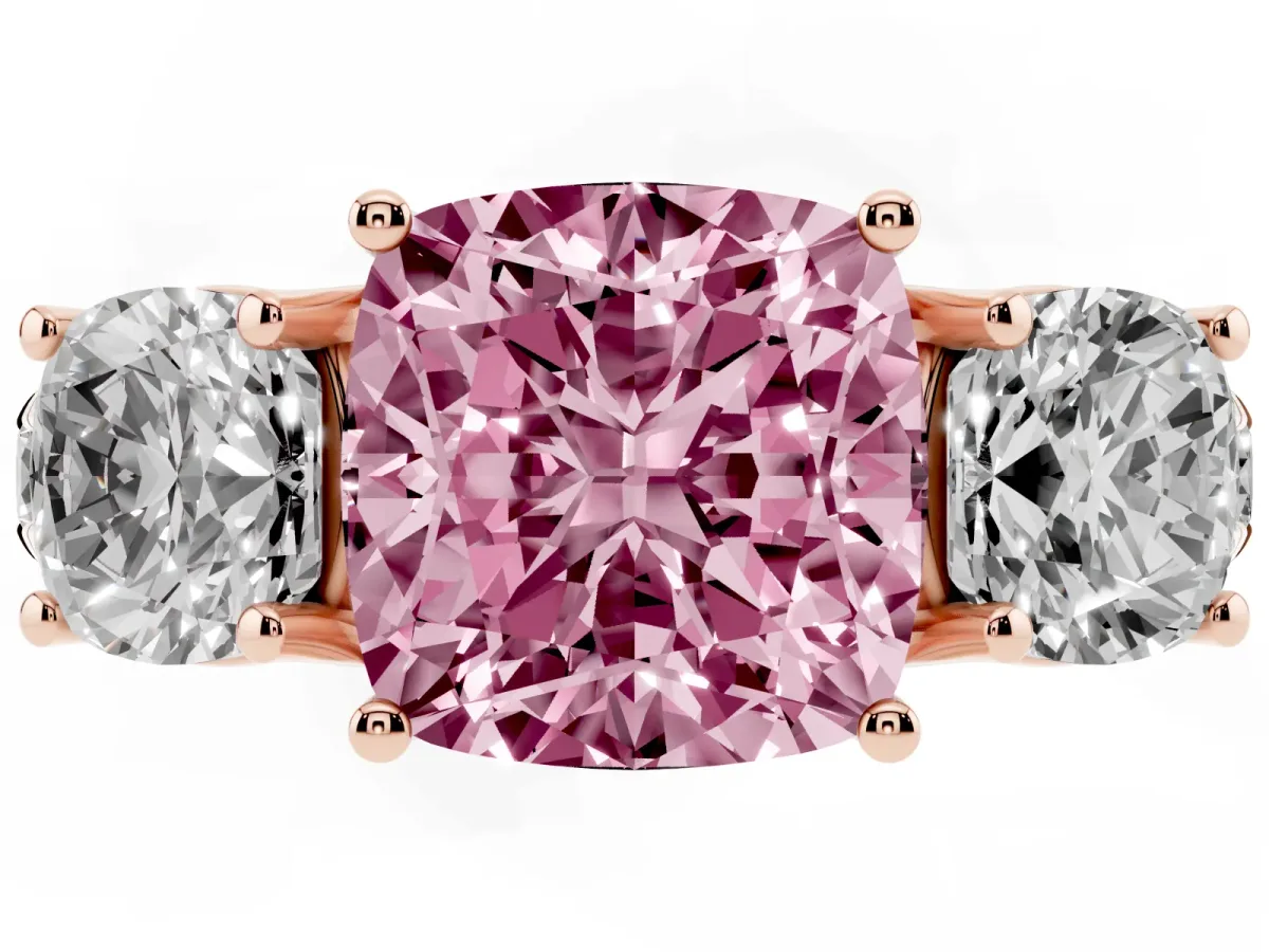 Fancy Pink Three-Stone Cushion Cut Diamond Pavé Band with Prong Setting Rose gold