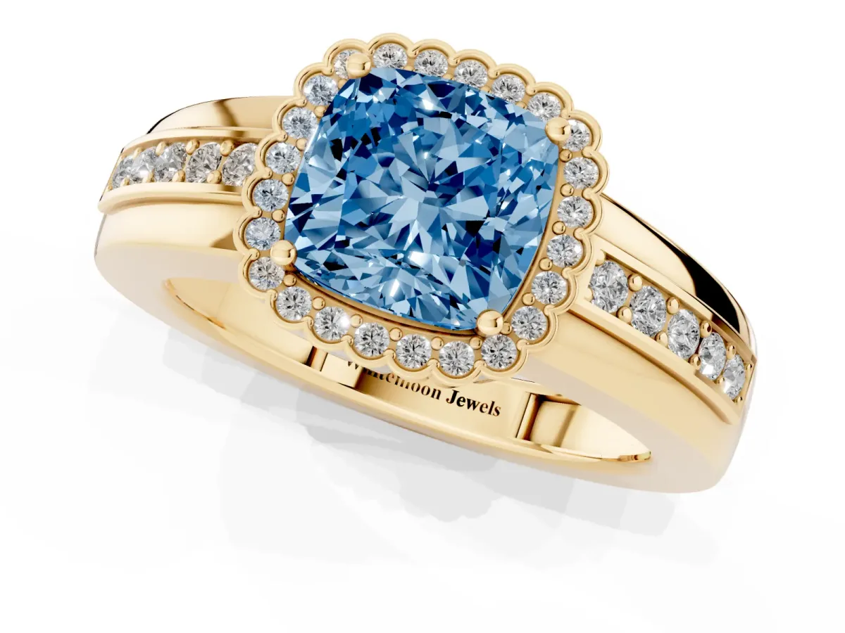 Fancy Blue Cushion Cut Cut Halo Pave Band Four-Prong Ring Yellow gold