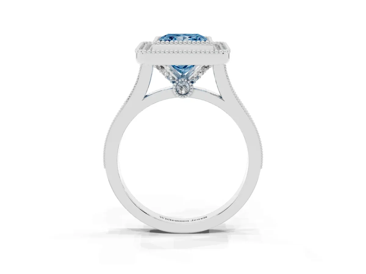 Fancy Blue Princess Cut Diamond Halo Ring with Milgrain Frame and Pavé Band Platinum