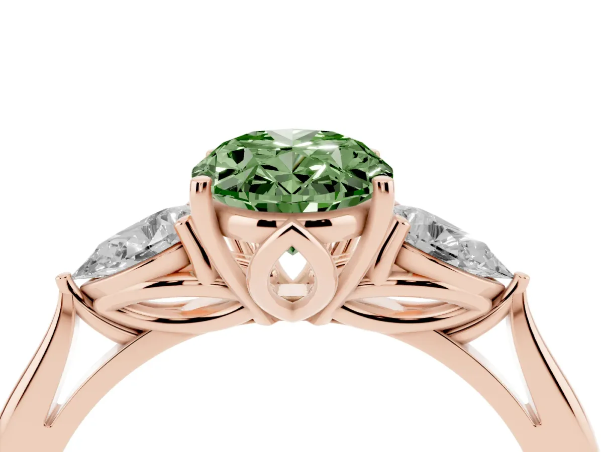 Fancy Green Three-Stone Oval Cut Brilliant Diamond Solitaire Ring with Tapered Band and Four-Prong Setting Rose gold