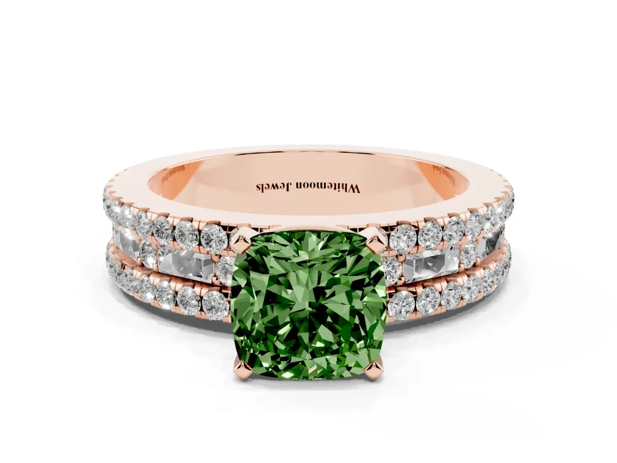 Fancy Green Cushion Cut Diamond Solitaire Ring with Pavé and Channel Set Band Rose gold