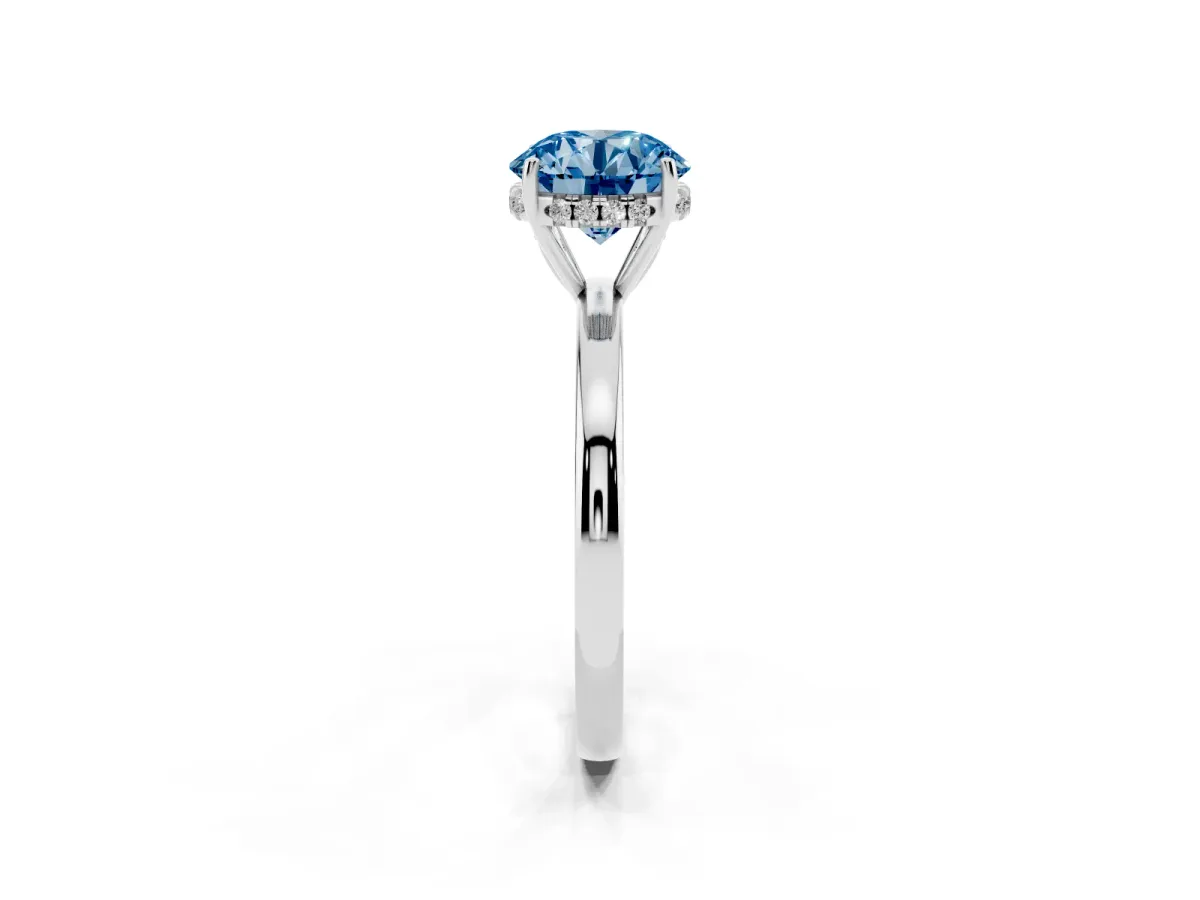 Fancy Blue Round Cut Solitaire Diamond Ring with Prong Setting and Plain Band Platinum