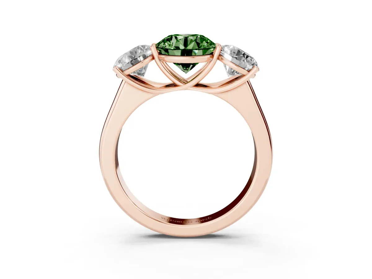 Fancy Green Round Cut Three-Stone Diamond Ring with Prong Setting on a Classic Band Rose gold
