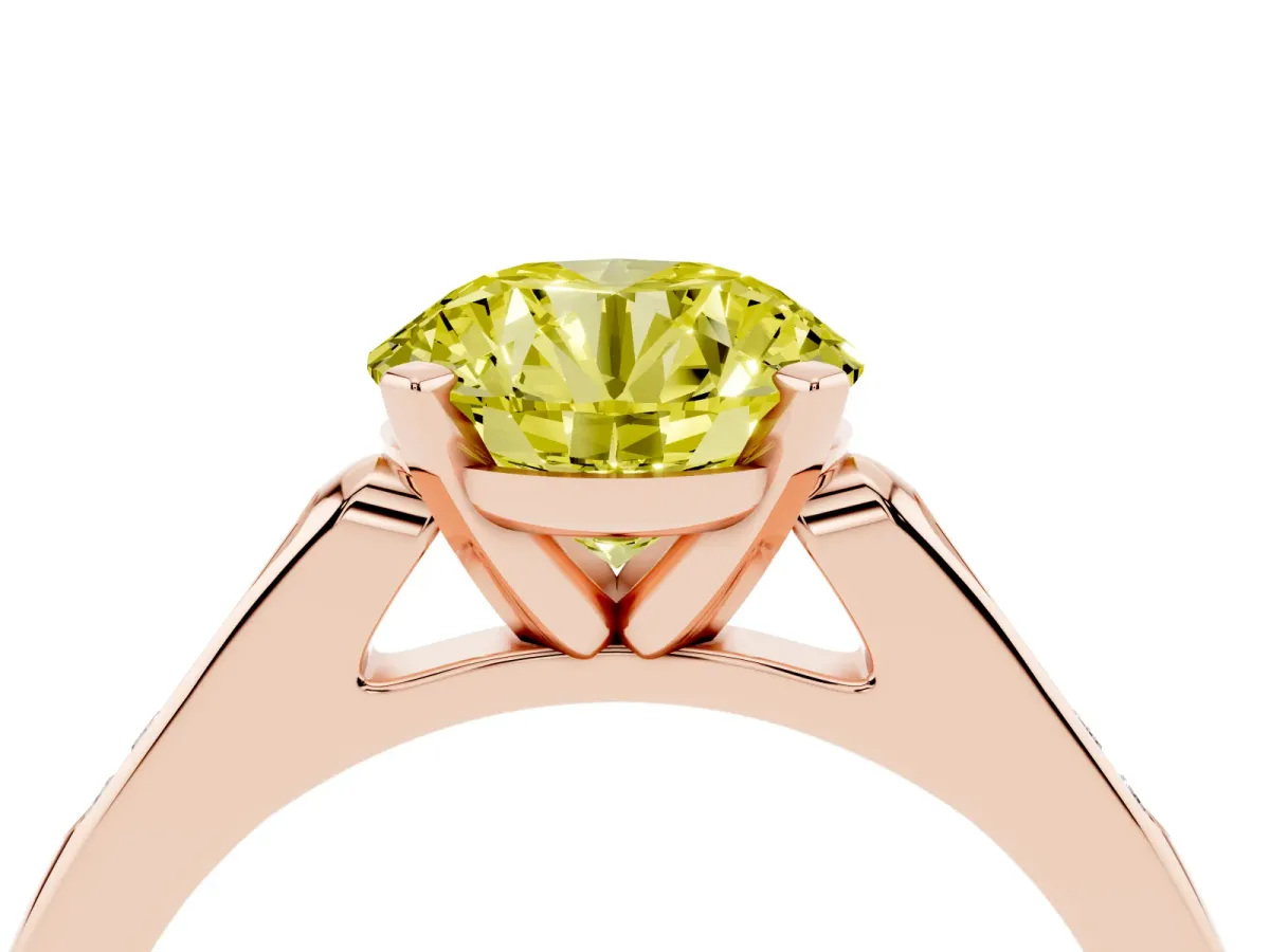 Fancy Yellow Round Cut Diamond Solitaire Ring with Channel Set Round Band and Prong Setting Rose gold