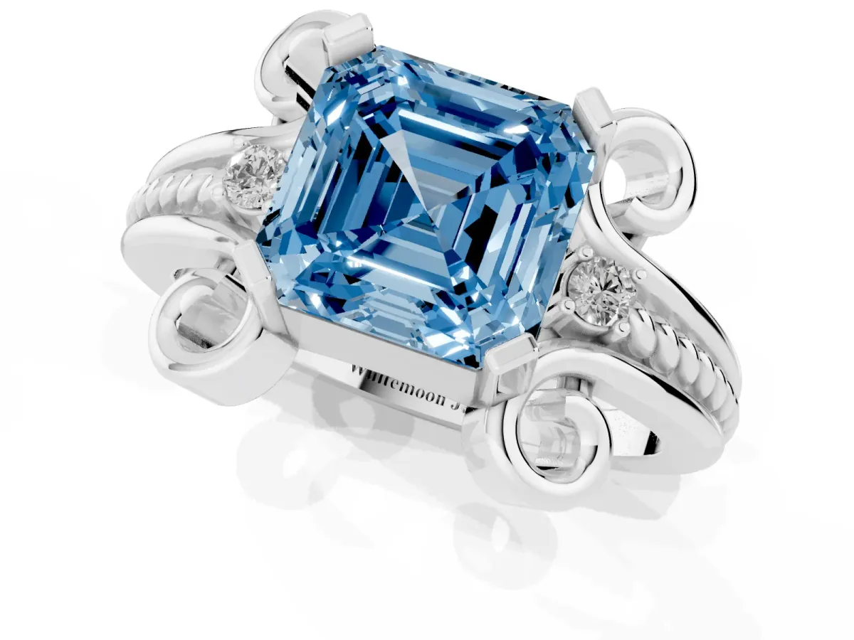 Fancy Blue Asscher Cut Solitaire Twisted Band Scroll Prong Ring Silver