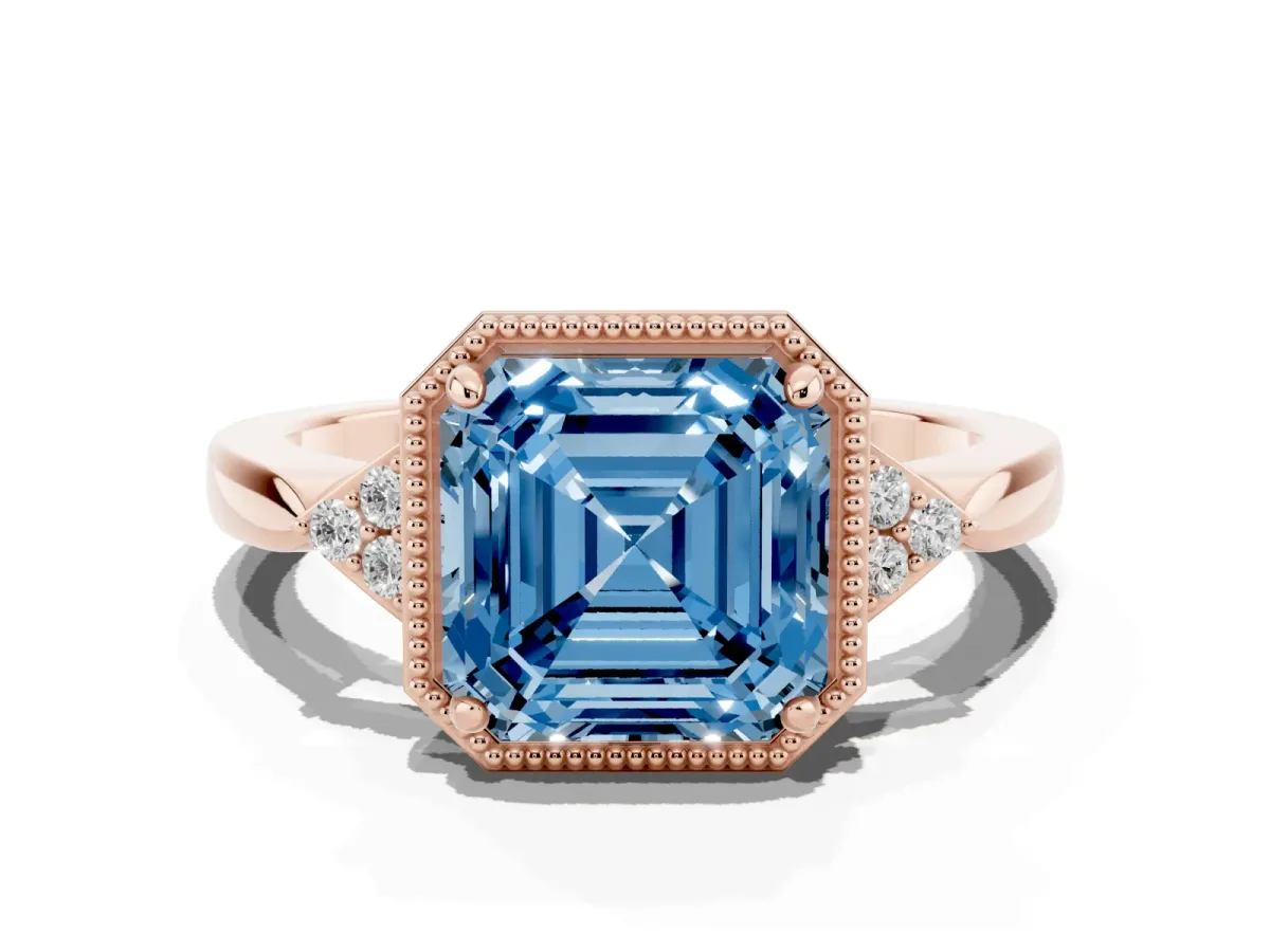 Fancy Blue Asscher Cut Diamond Halo Ring with Tapered Band and Four-Prong Setting Rose gold