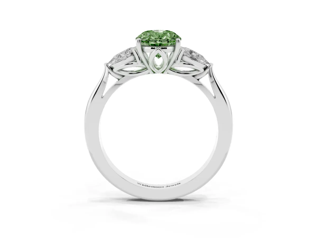 Fancy Green Oval Cut Diamond Three-Stone Ring with Pear Side Stones and Prong Setting Silver