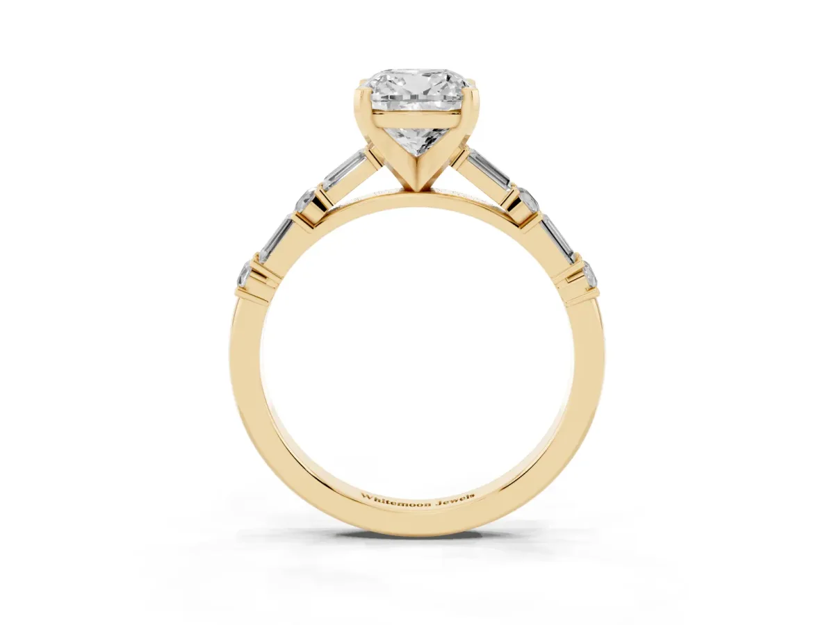 Cushion Cut Diamond Solitaire with Side Baguettes and Channel Set Band Yellow gold