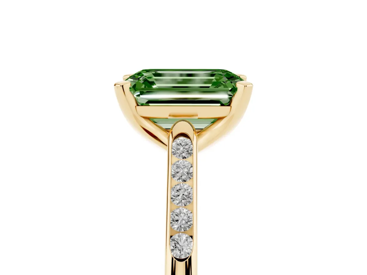 Fancy Green Emerald Cut Diamond Solitaire Ring with Channel Set Round Band and Prong Setting Yellow gold